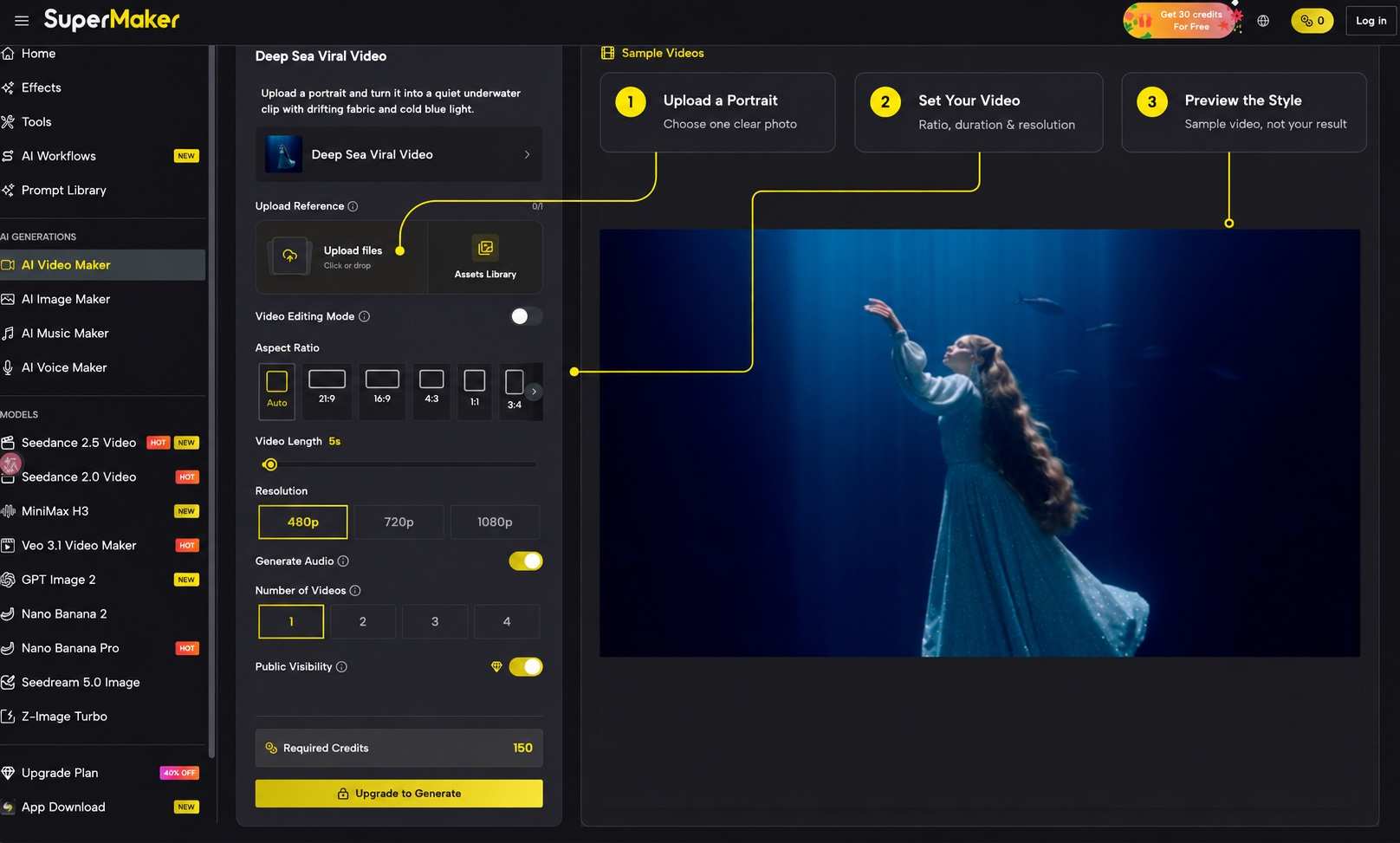 Annotated SuperMaker workspace with numbered arrows pointing to Upload files, video settings, and the Sample Videos preview