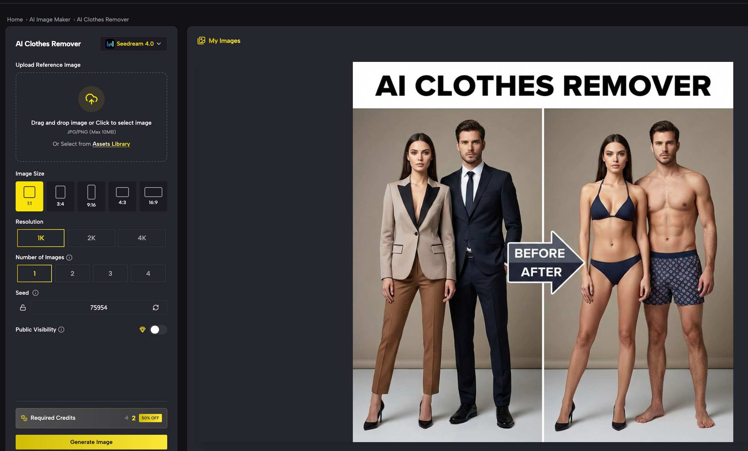 A clean web page interface of the AI clothes remover, featuring a simple settings sidebar on the left and a clear before-and-after image preview in the center.png