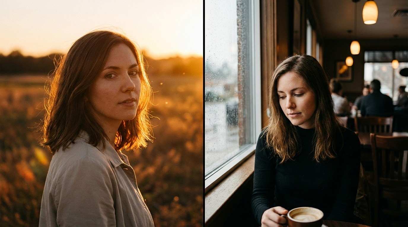 Consistent facial features in sunset versus indoor cafe lighting..png