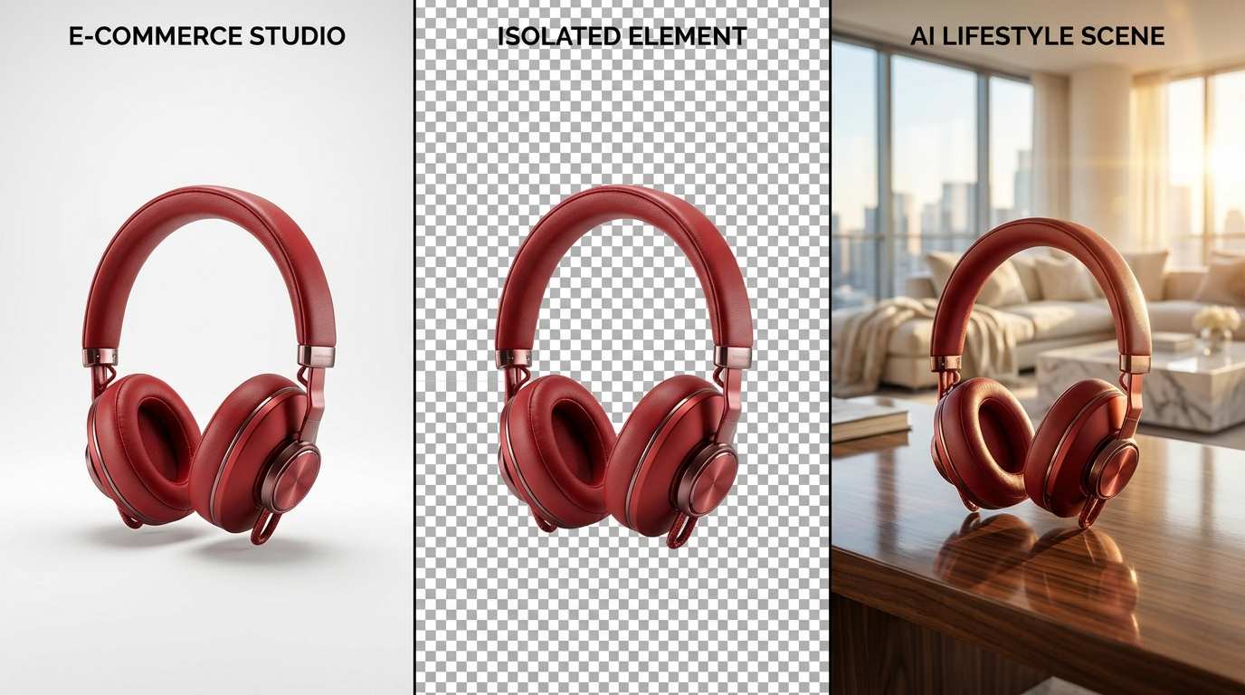 A product photography workflow showing red headphones with a consistent angle. Steps include: studio white background, transparent isolation, and using AI to change background color online free or add a lifestyle context..png