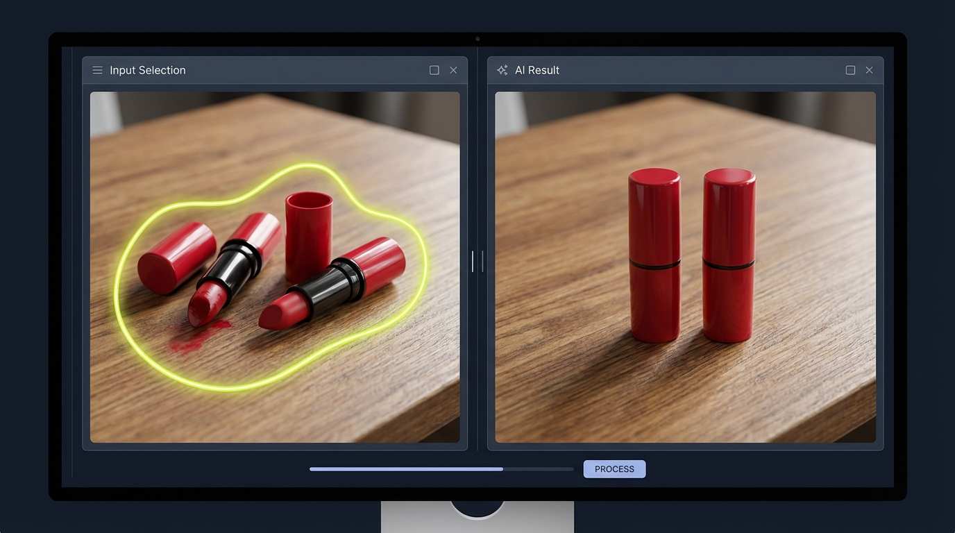 Split-screen demonstration showing Seedream 5.0's precision editing feature, recognizing open lipsticks and closing them.png
