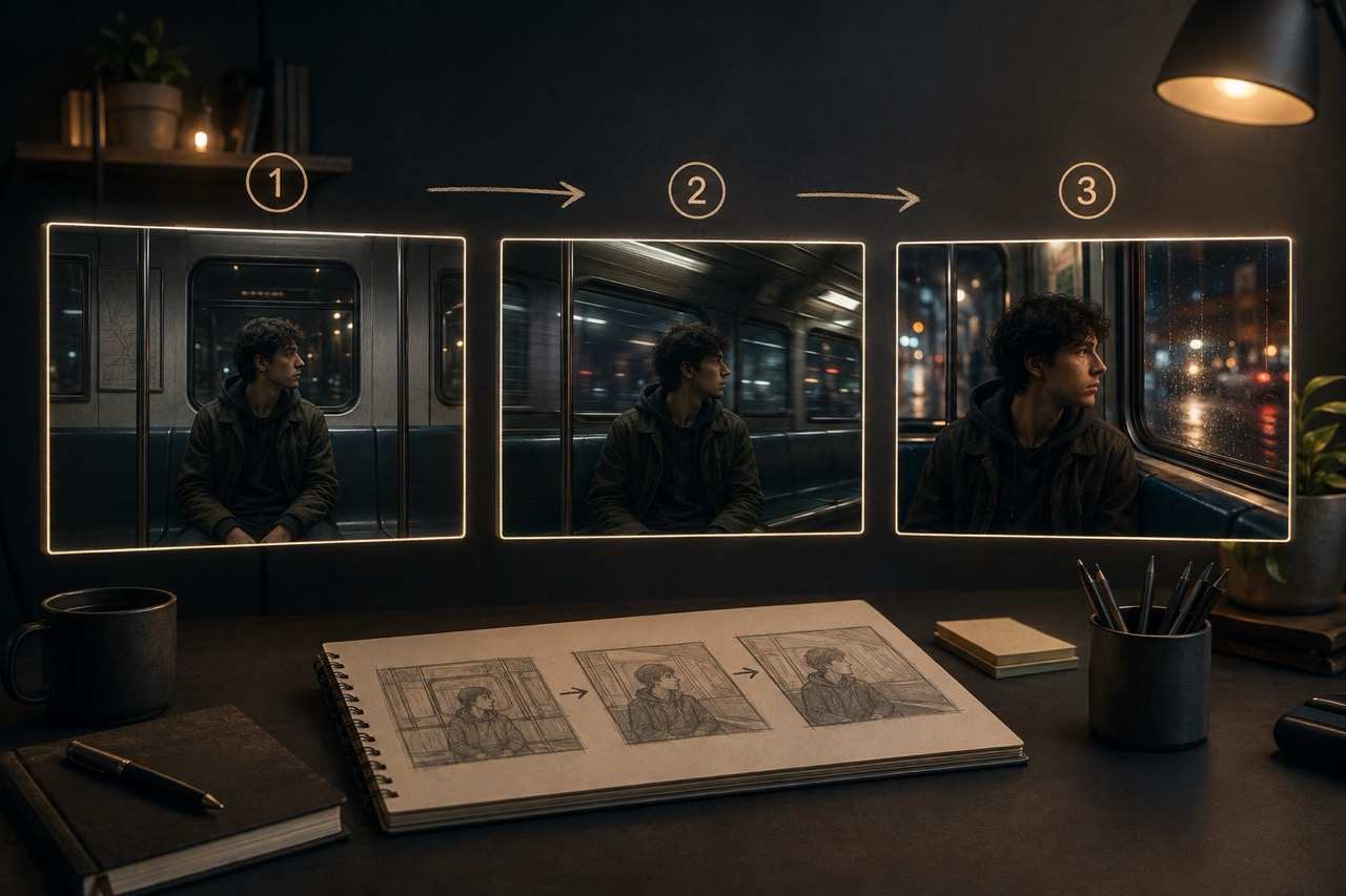 Three-step MiniMax H3 video shot sequence showing consistent character and camera progression