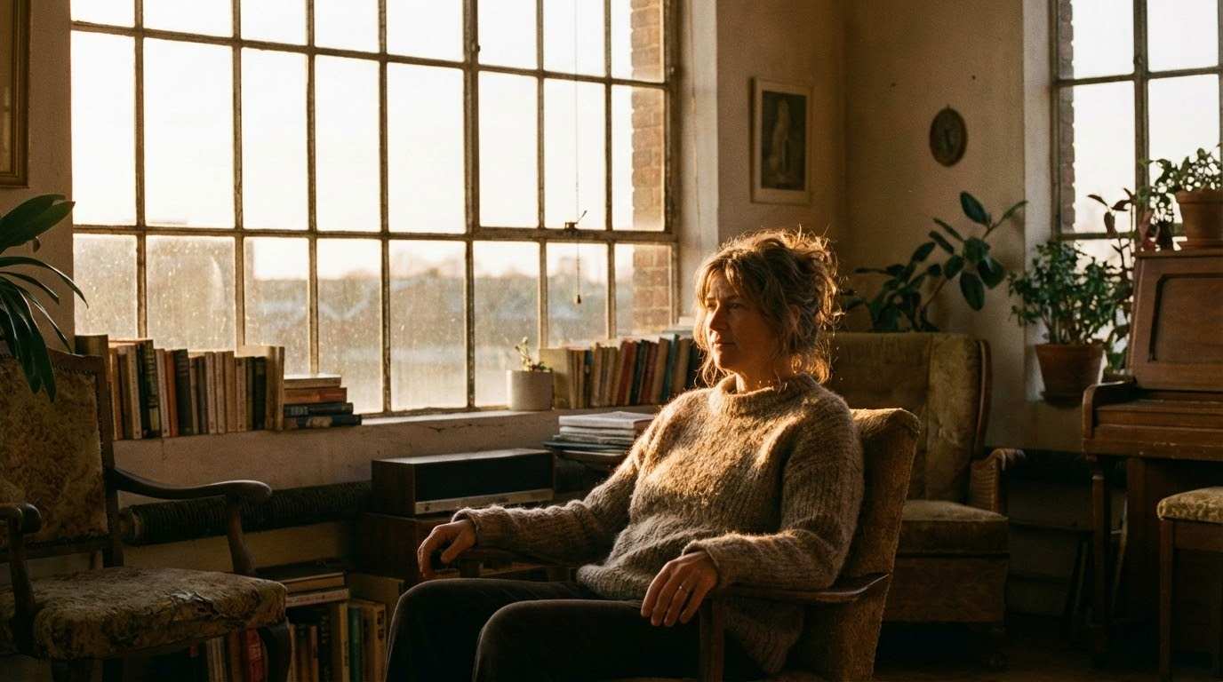 Golden hour sunlight interacting naturally with a person indoors, showing realistic light blending..png