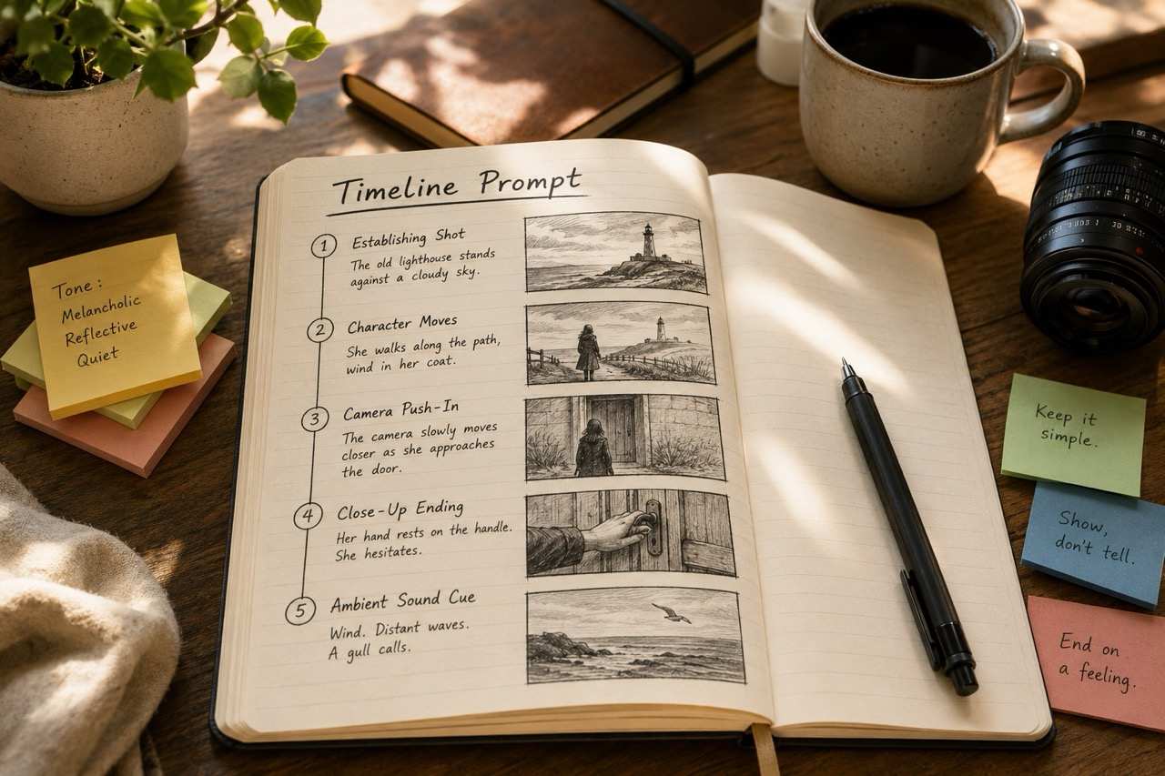 Timeline prompt storyboard showing scene, action, camera movement, ending, and sound cues