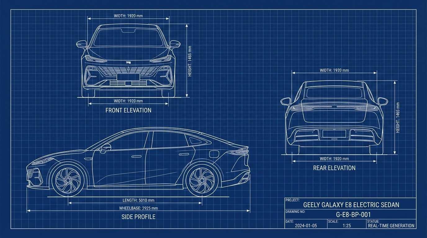 Three-view technical blueprint of the Geely Galaxy E8 car generated via real-time web search.png