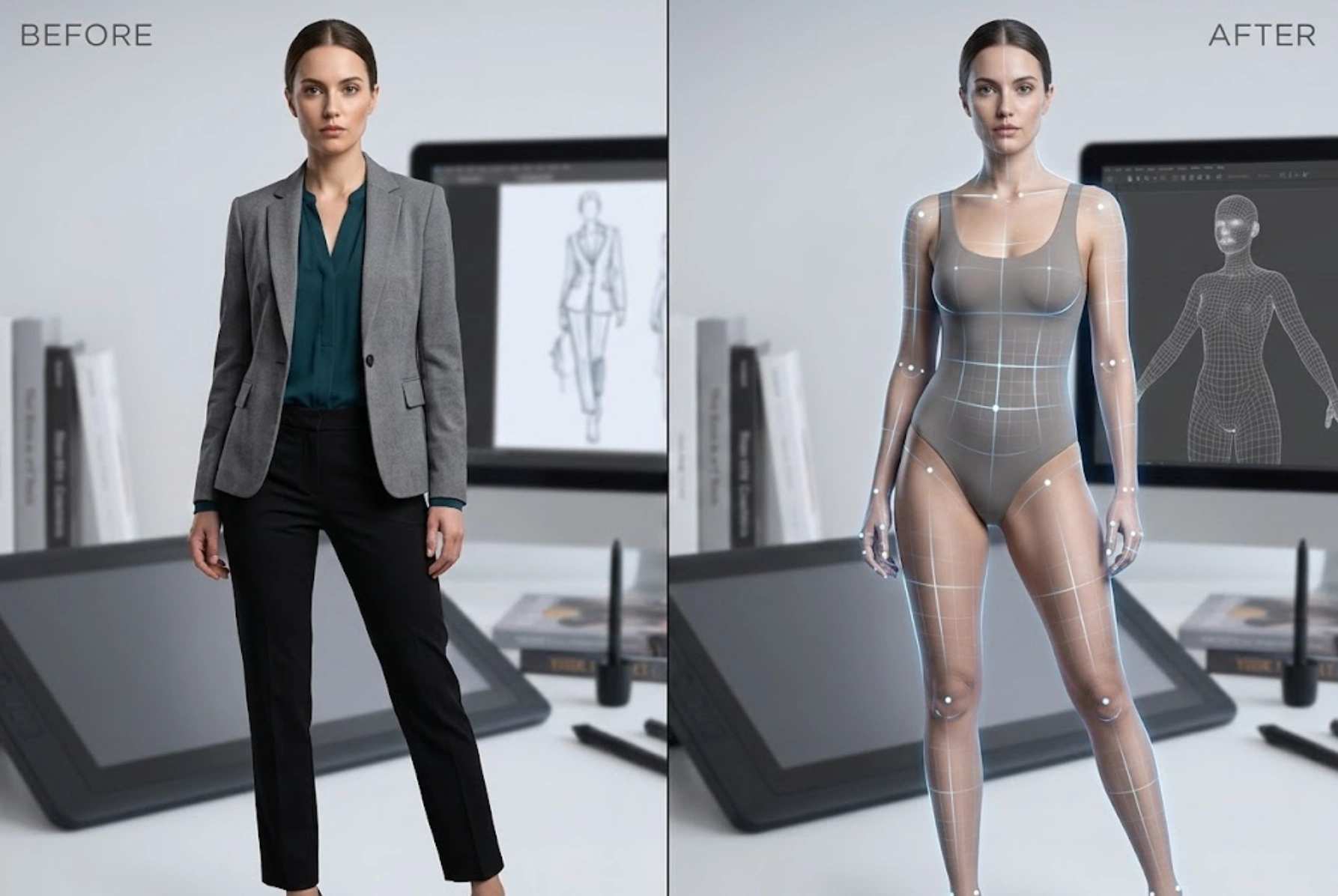 A comparison showing a model in a professional blazer on the left, and transformed by AI into a clean, anatomical reference figure with blue digital wireframe grid lines on the right, for artists and designers.webp