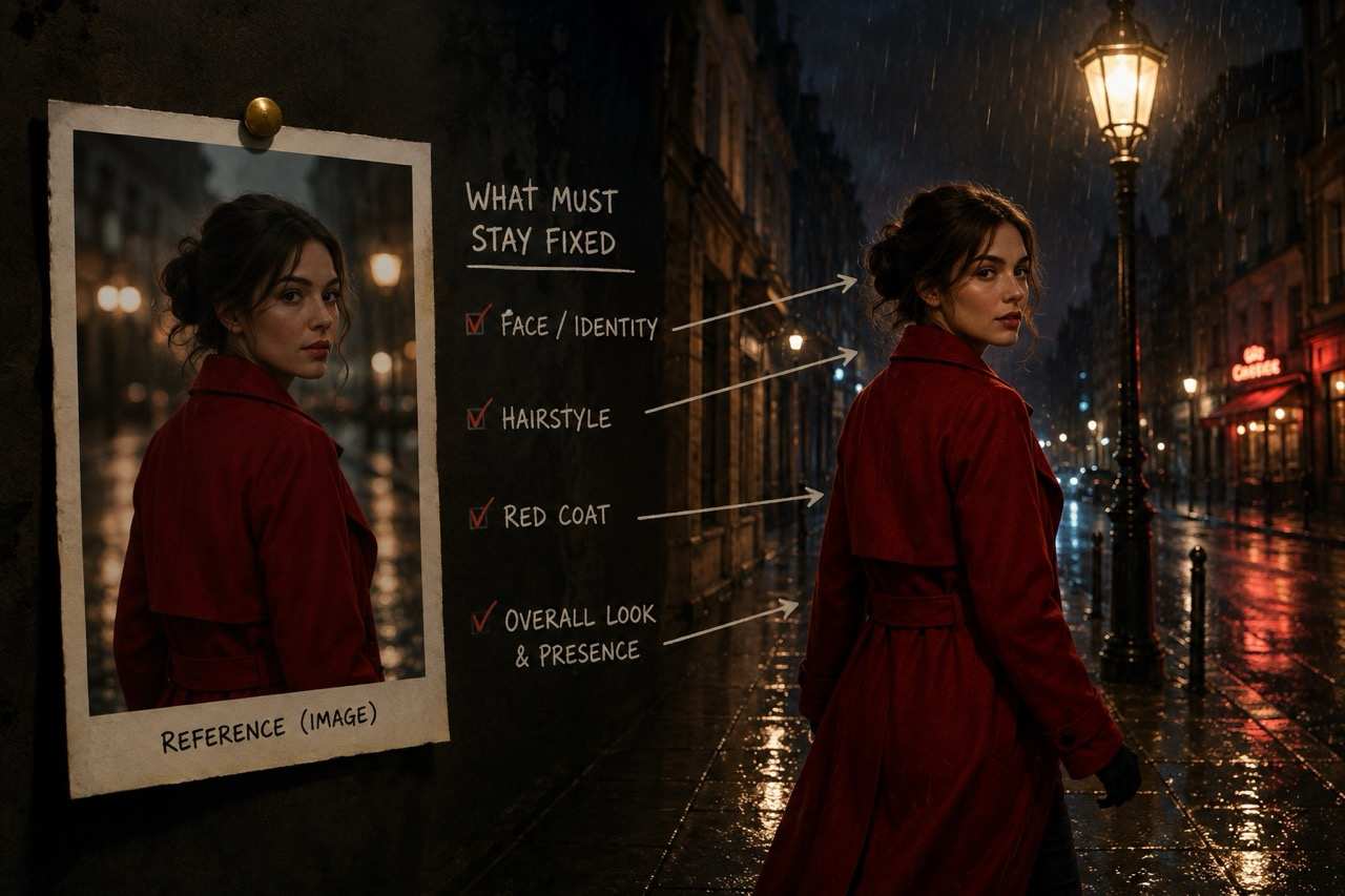 Image reference preserving character identity and red coat in a MiniMax H3 video workflow