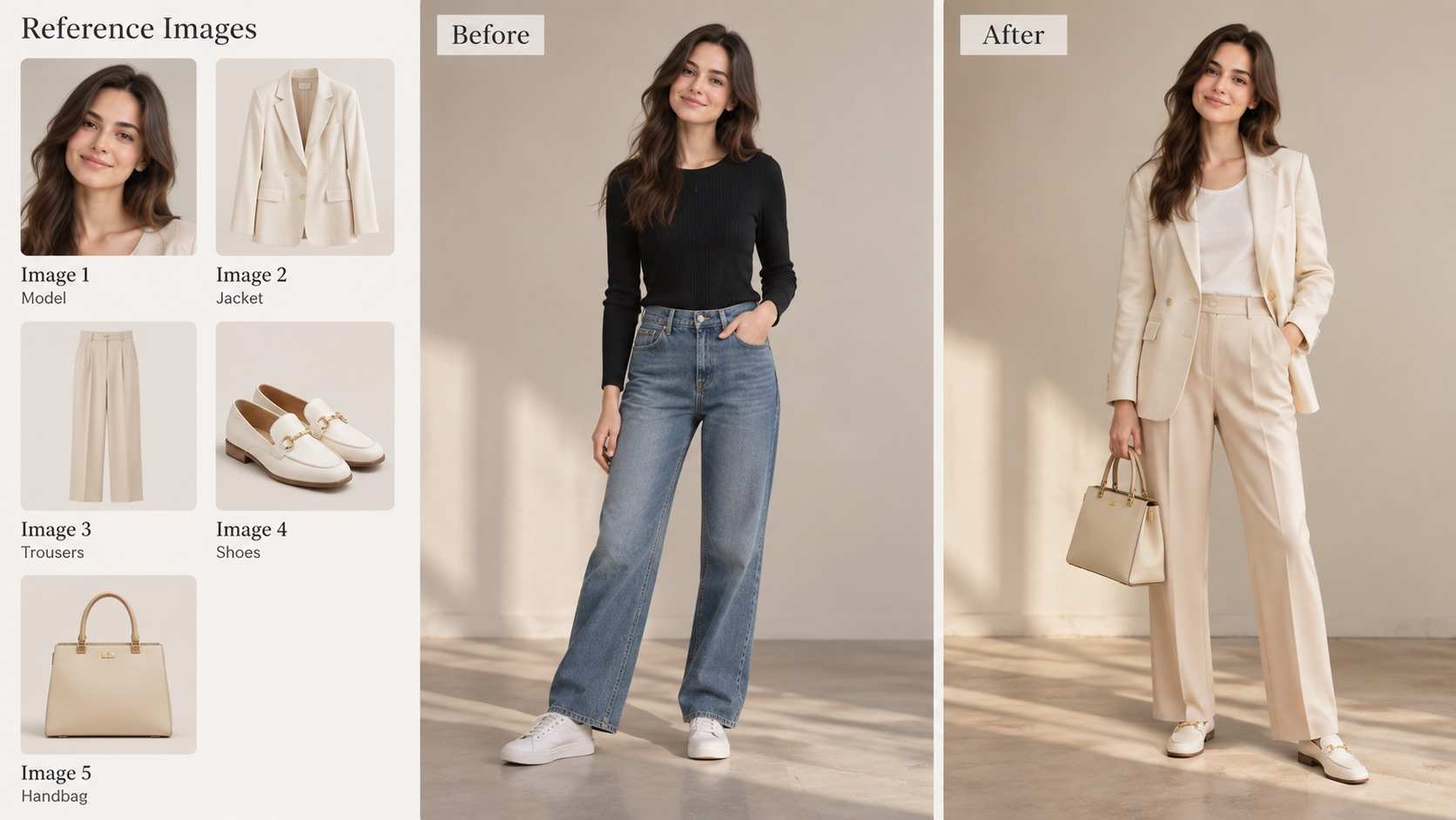 Qwen Image 2.1 multi-reference prompt result combining a model, jacket, trousers, shoes, and handbag