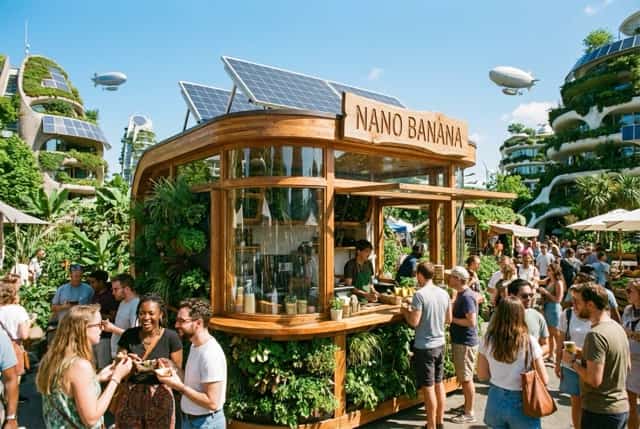 Solarpunk market stall with Nano Banana sign generated by AI