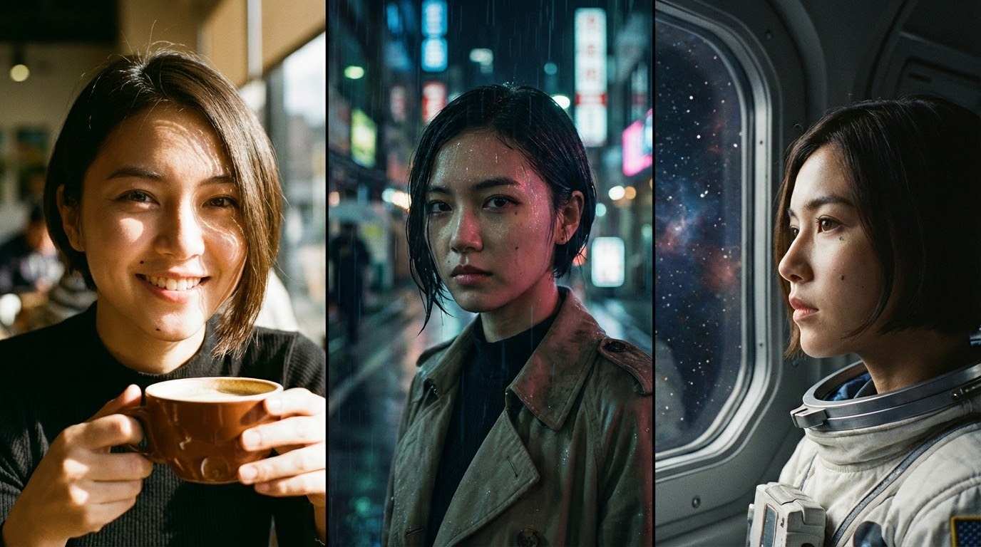 Three-panel comparison showing identical facial features of a female character across cafe, rain, and sci-fi environments.png