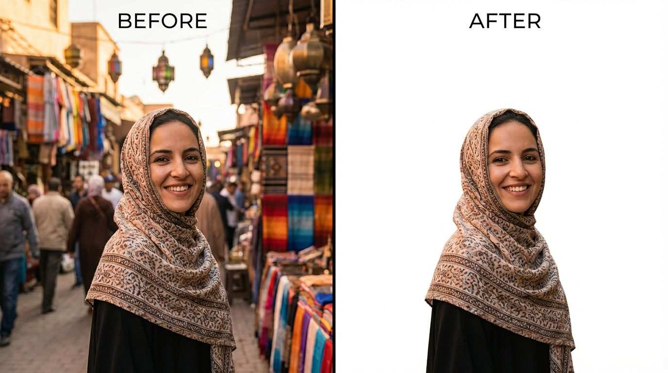 A high-resolution cinematic comparison showing how to remove background from picture using AI. The left side shows a woman in a busy street market; the right side shows the same woman isolated on a clean white studio background..png