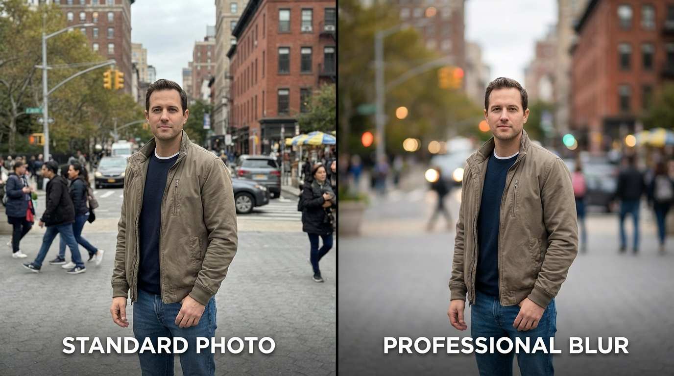 A portrait comparison demonstrating the blur background tool. The left image shows a distracting sharp background, while the right image features a professional, creamy bokeh effect that highlights the subject..png