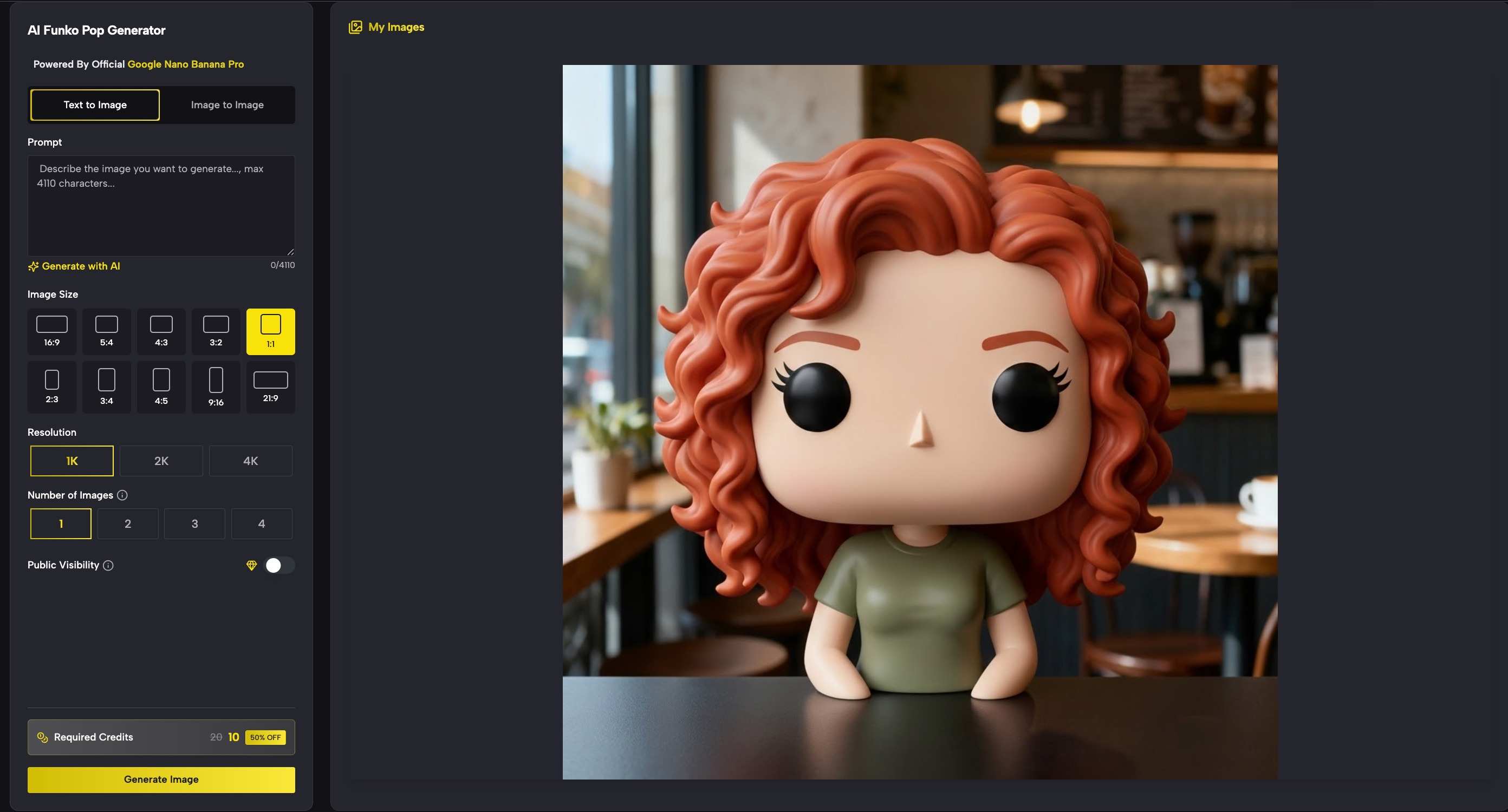 User interface of SuperMaker AI Funko Pop Generator showing creation settings.