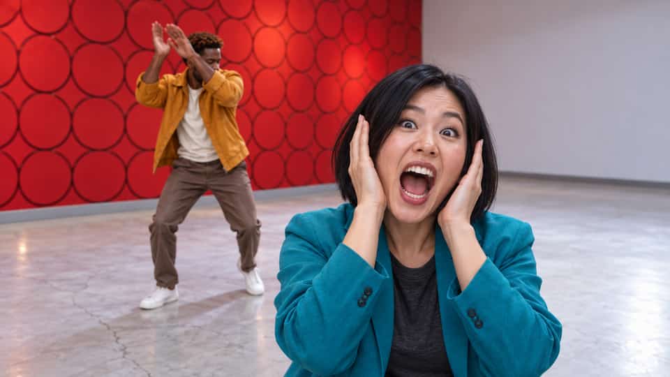 Illustration of one dancer reacting in front while the second dancer moves behind