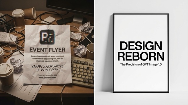 Side-by-side comparison of messy AI-generated text versus clean, professional Swiss-style typography by GPT Image 1.5.