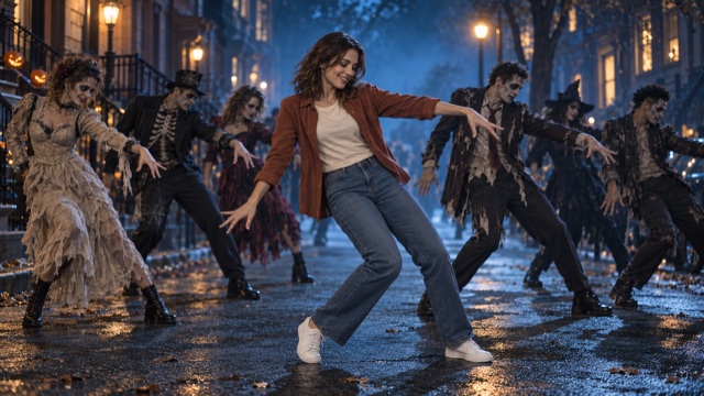 Casually Dressed Woman Leading A Zombie Dance