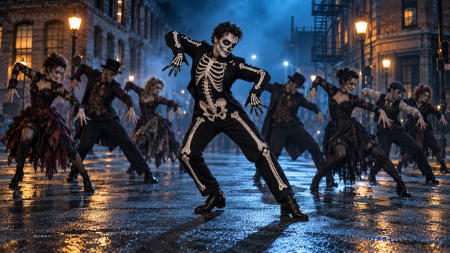 Skeleton-Costumed Dancer With A Halloween Crowd