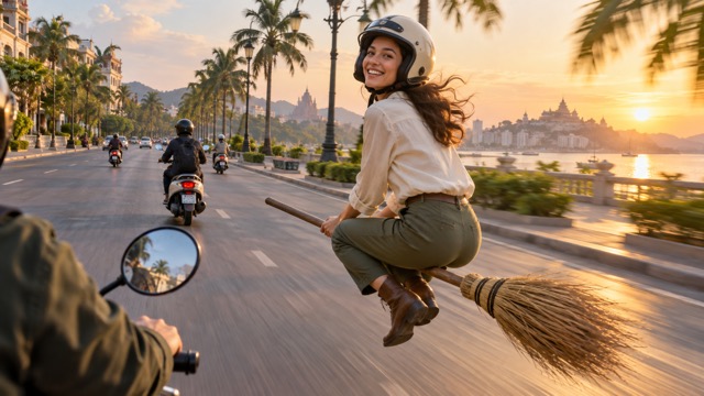 AI Broom Riding Video Beside Everyday Traffic