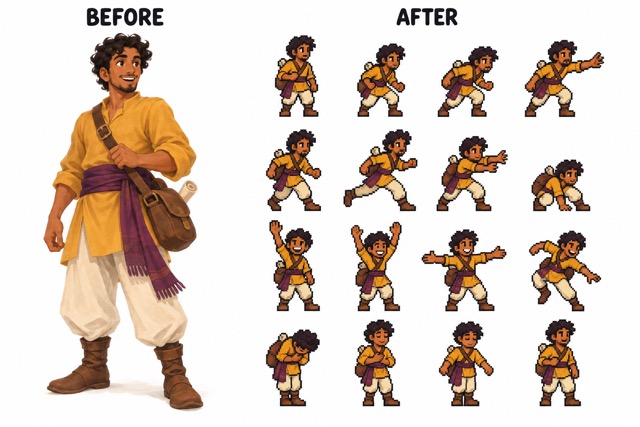 Build a 4x4 2D pixel sprite sheet