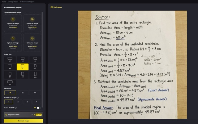 Interface of SuperMaker AI homework helper allowing users to upload math problems for instant solving.